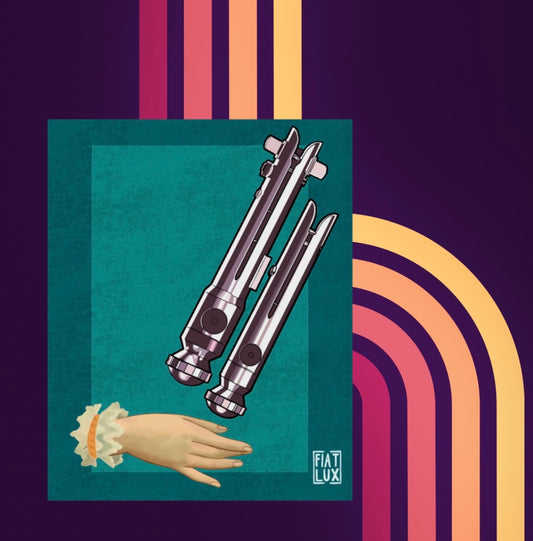 Art print based on Victorian calling card hands Ahsoka’s Lightsaber dual toned blue background