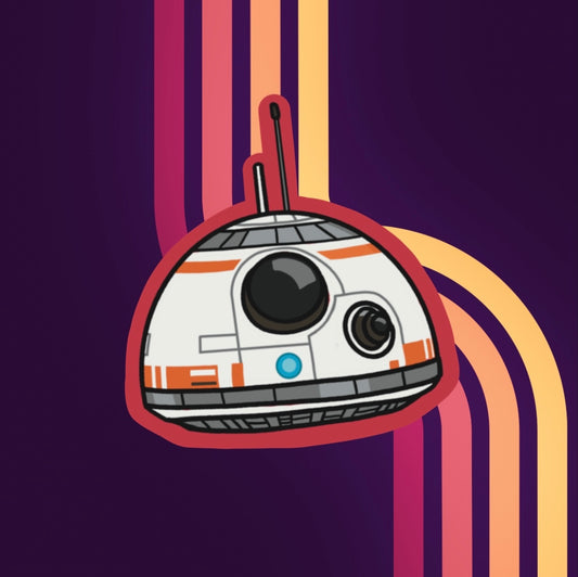Vinyl sticker of star wars droid bb8 with red edges.