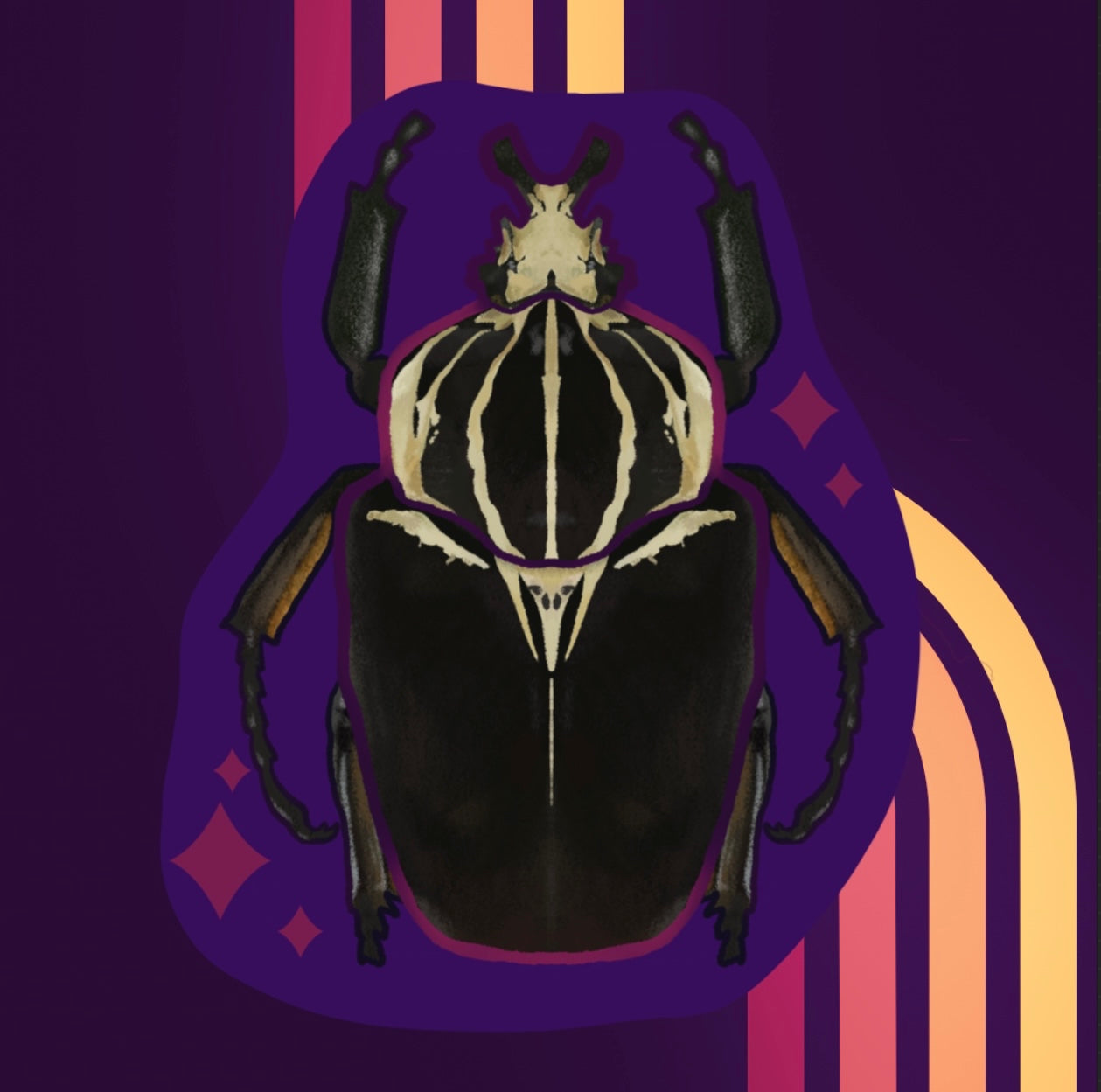 Vinyl Sticker of a Goliath Beetle with purple diamond accents and a darker purple background