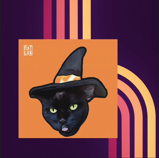 Art print of a black cat in a black witch hat on a solid orange background.