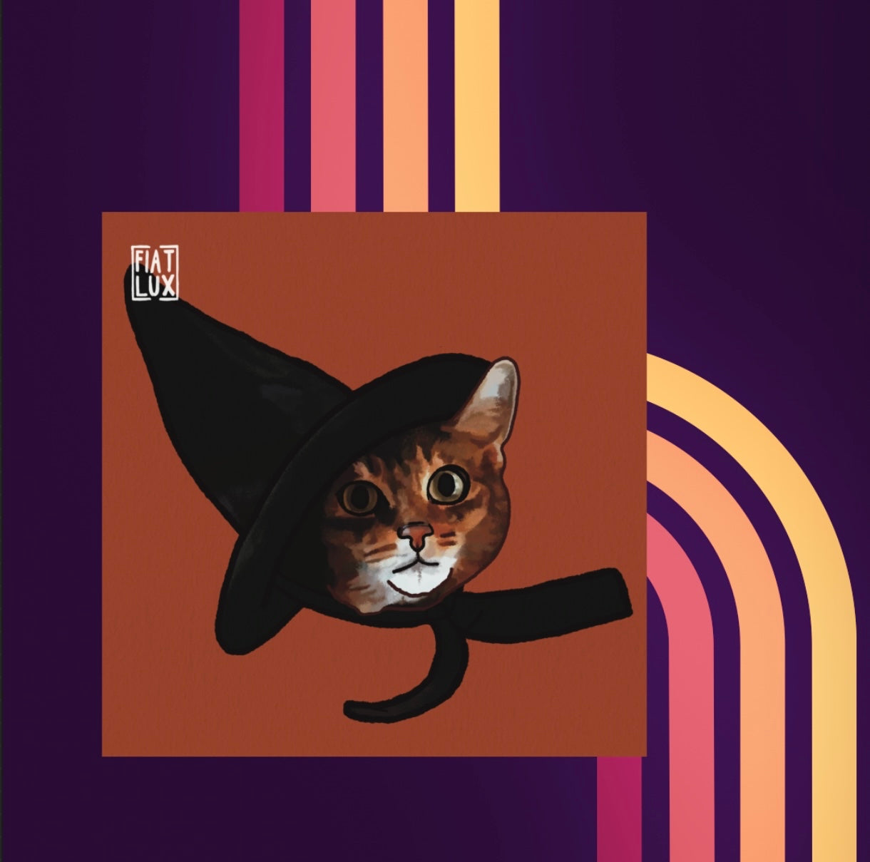 Art print of a dark orange tabby cat in a black witch hat on a solid orange background.