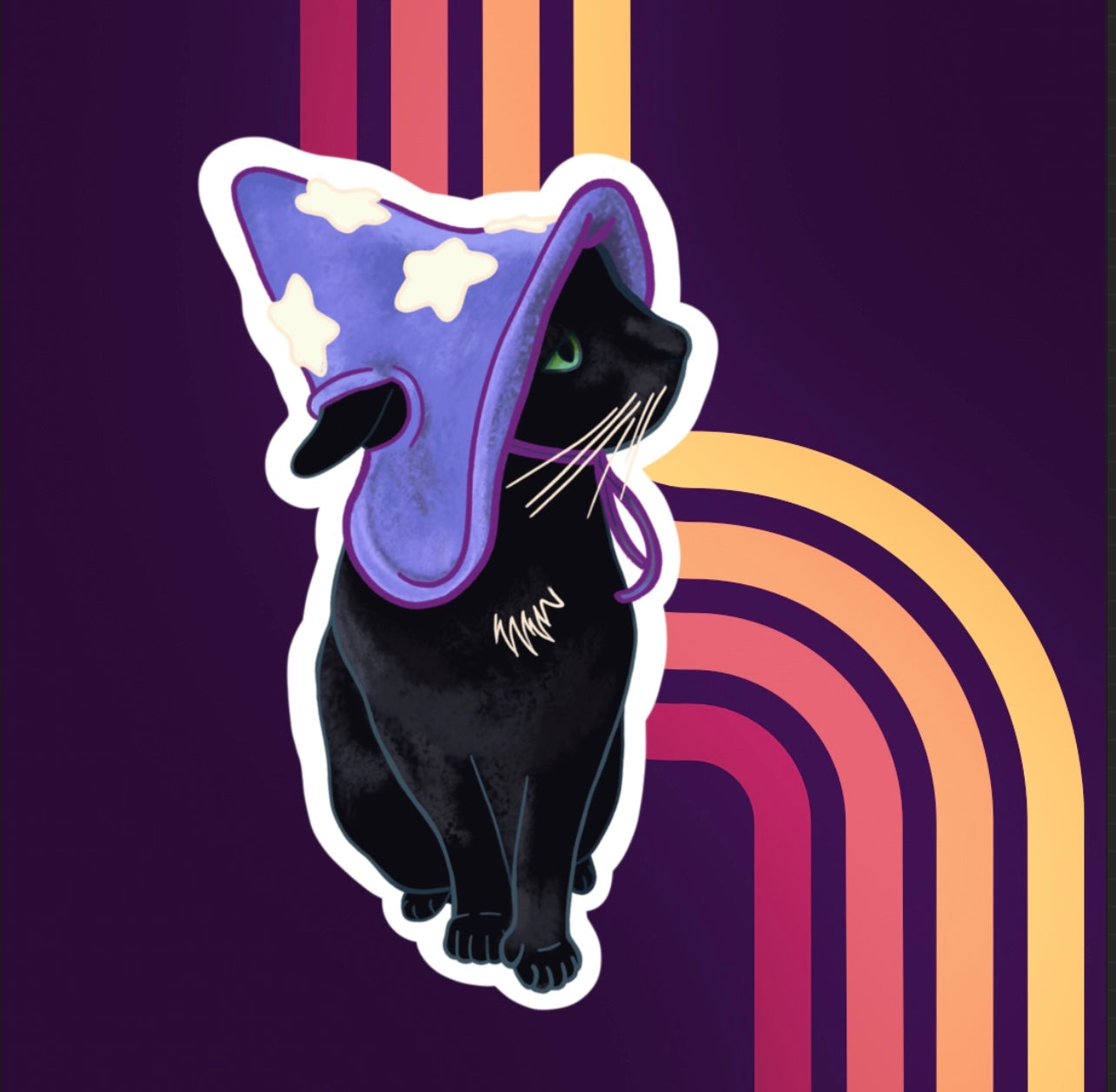Vinyl Sticker black Kitty in a purple Wizard hat with white stars