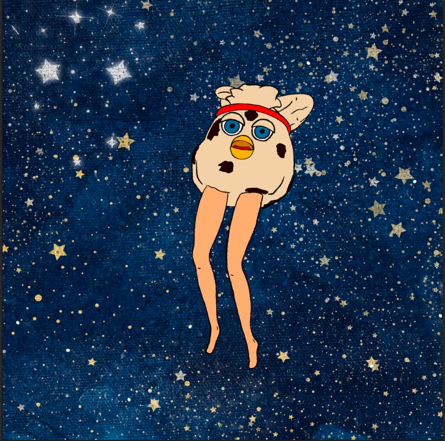 vinyl sticker of a furby modified with long doll legs