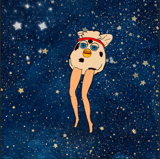 vinyl sticker of a furby modified with long doll legs