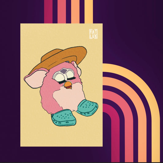 Art print of a furby in a yellow sun hat and teal crocs on a solid soft yellow background.