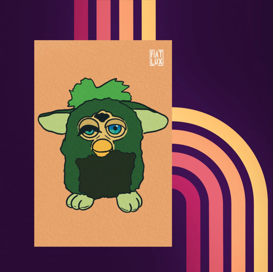 Art print of a furby with a missing eyelash and one eye drooping on a solid soft orange background.