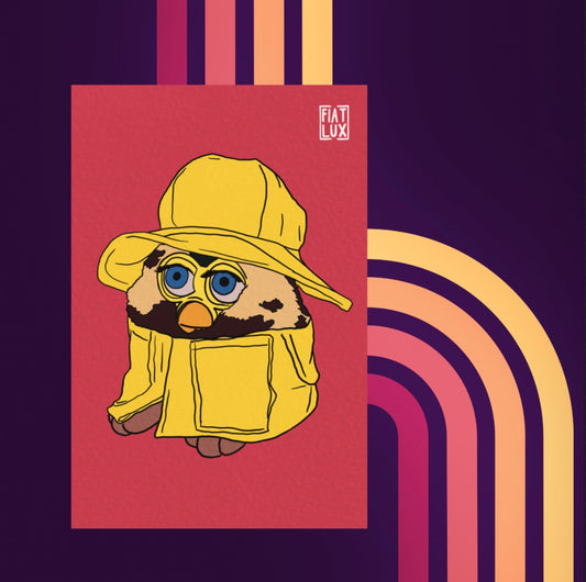Art print of a furby in a yellow raincoat and matching bucket hat on a solid bright salmon background.