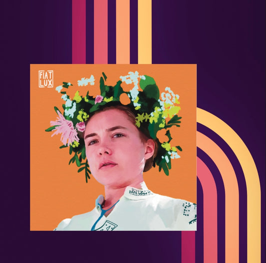 Art print of Dani from Midsommar with a flower crown on a solid orange background.