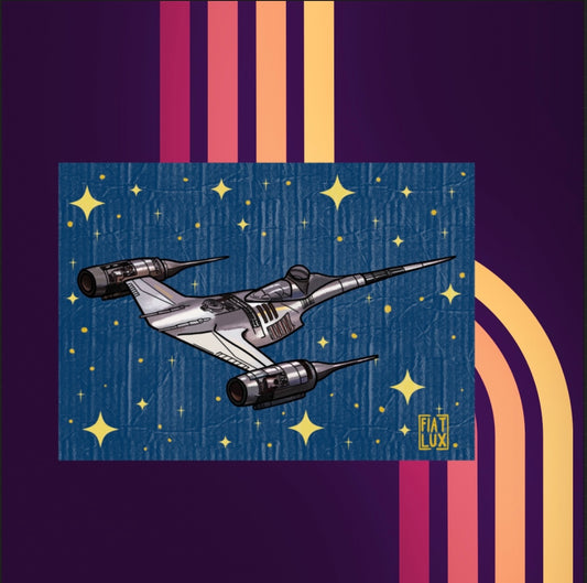 Art Print of Din Djarin Mandalorian silver N1 Starfighter rust color Speeder with a solid blue background with gold stars and a paper texture overlay
