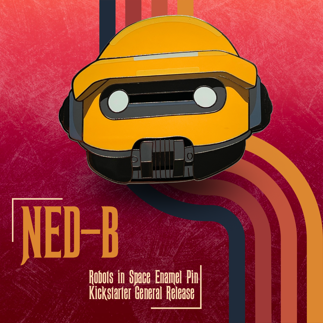 Enamel pin of star wars droid nedb with red edges.