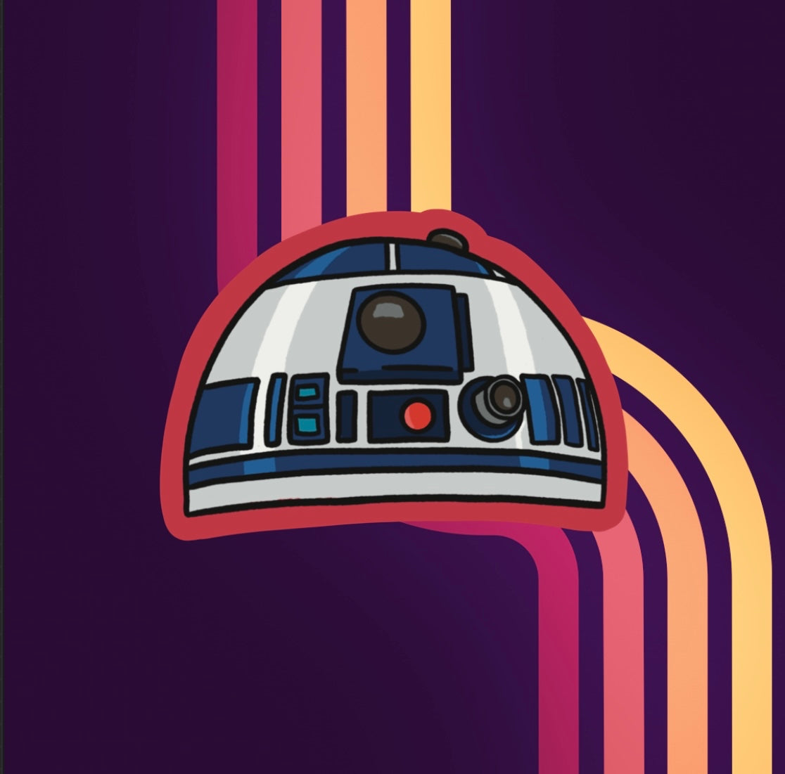 Vinyl sticker of star wars droid r2d2 with red edges.