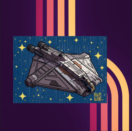 Art Print of hera syndulla's star fighter the ghost with a solid blue background with gold stars and a paper texture overlay