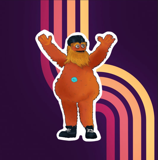Vinyl stickers of hockey team the flyers mascot gritty.  gritty is a large orange furry mascot with googly eyes and an outie belly button. gritty is streaking with only shoes on.