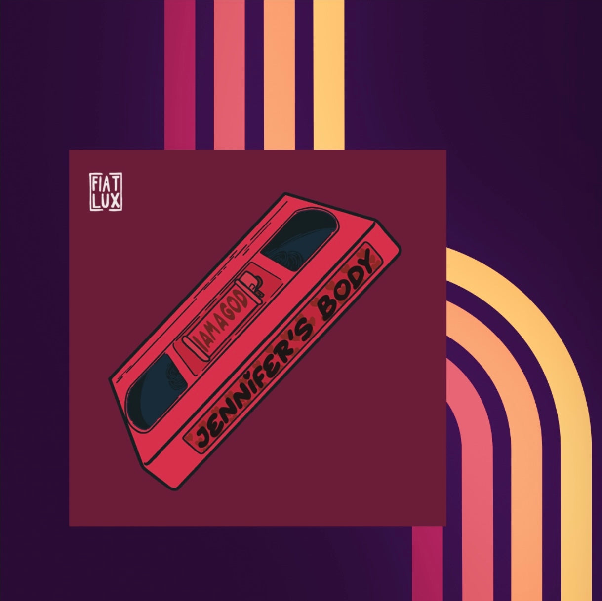 Art print of a pink VHS tape of Jennifer's Body on a solid burgundy background.