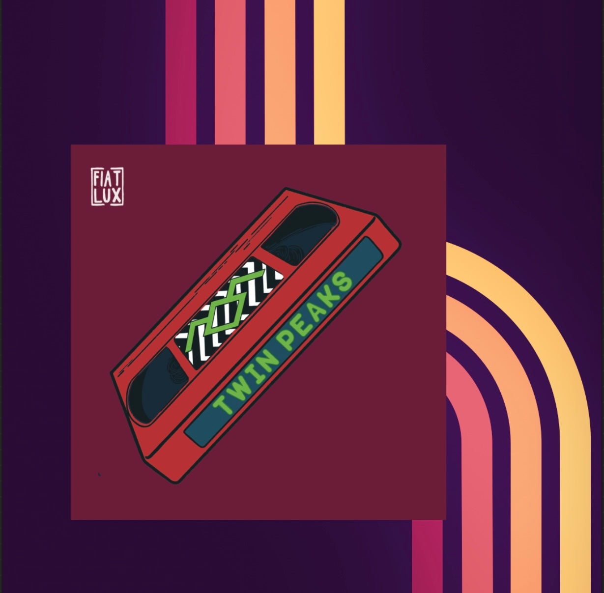 Art print of a red VHS tape of Twin Peaks on a solid burgundy background.