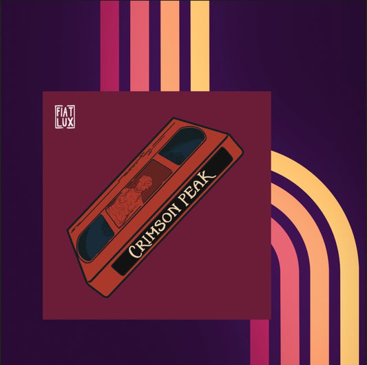 Art print of a red VHS tape of Crimson Peak on a solid burgundy background.