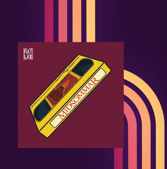 Art print of a yellow VHS tape of Midsommar on a solid burgundy background.