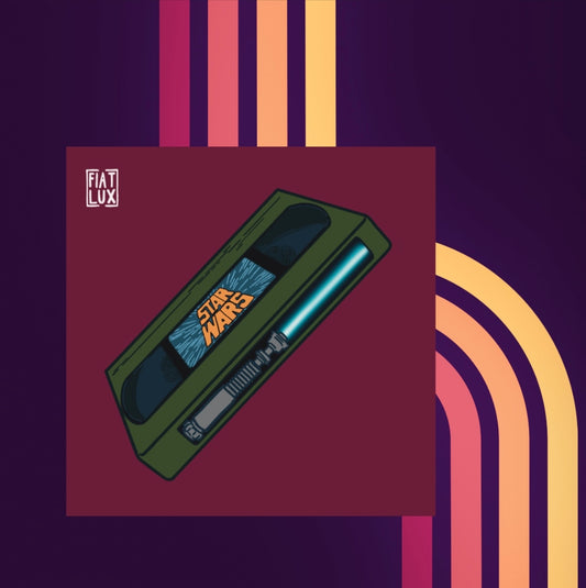 Art print of a green VHS tape of Star Wars on a solid burgundy background.