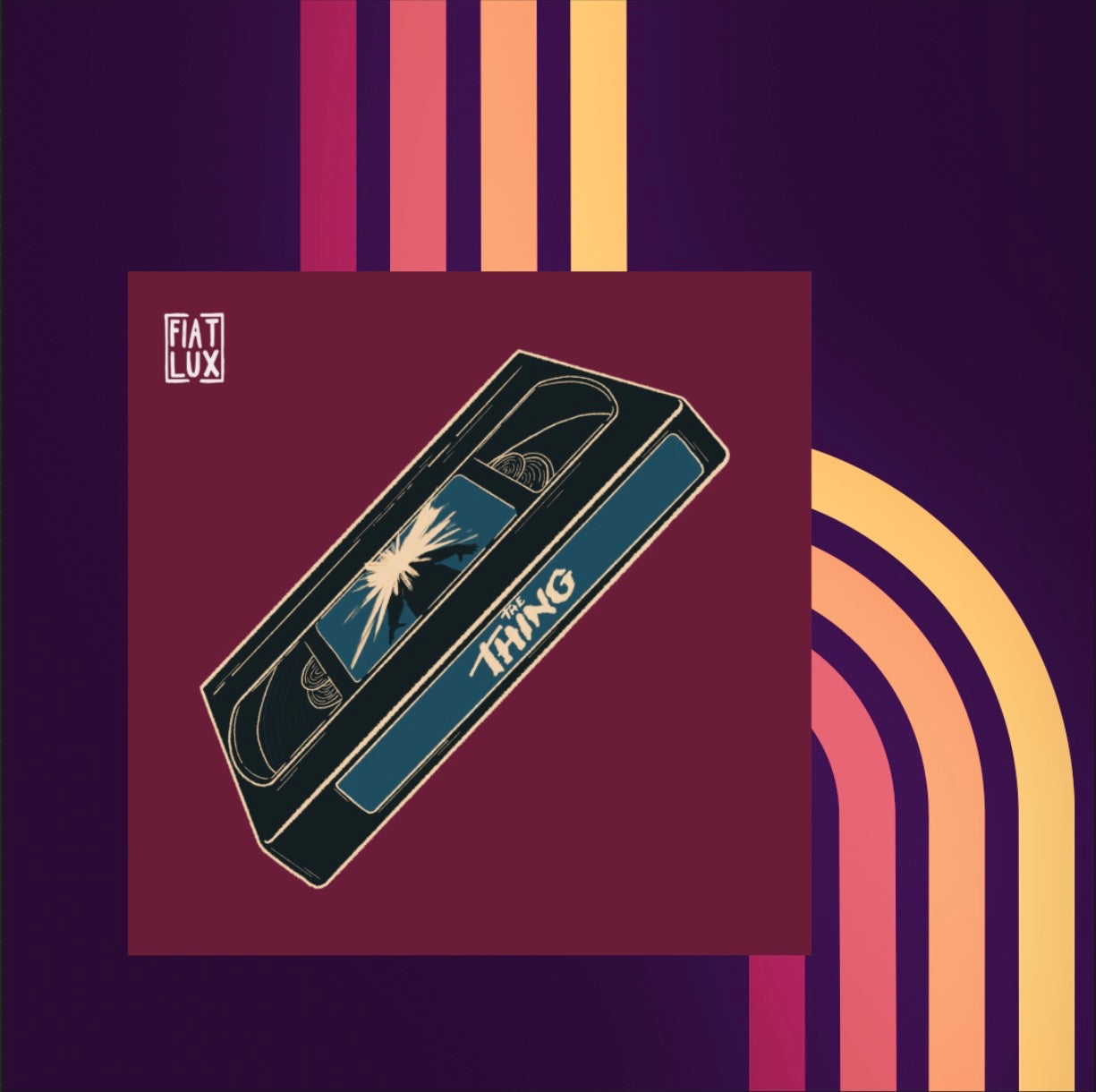 Art print of a blue VHS tape of The Thing on a solid burgundy background.