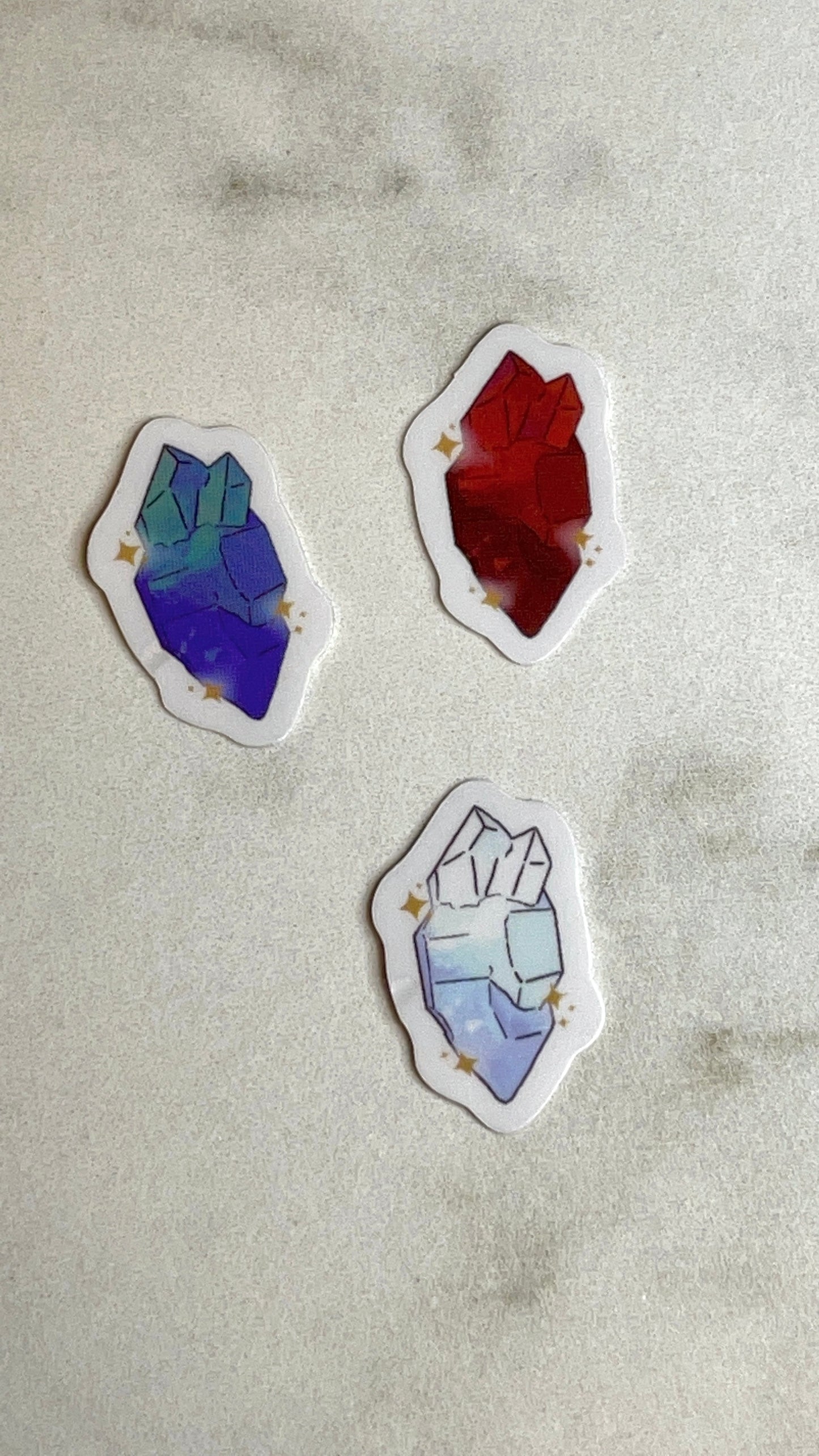 Kyber Crystals Transparent Mini vinyl Stickers in three colors red white and blue