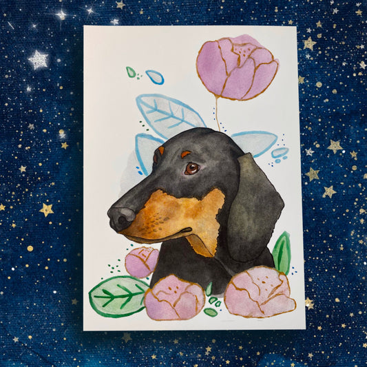 Brown and Black Dachshund Doxie Floral Pet Portrait | Watercolor Print - Fiat Lux Illustration