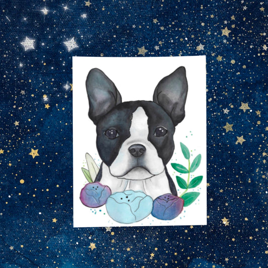 Boston Terrier Black White Dog Art Blue Floral Pet Portrait | Watercolor Art Print - Fiat Lux Illustration
