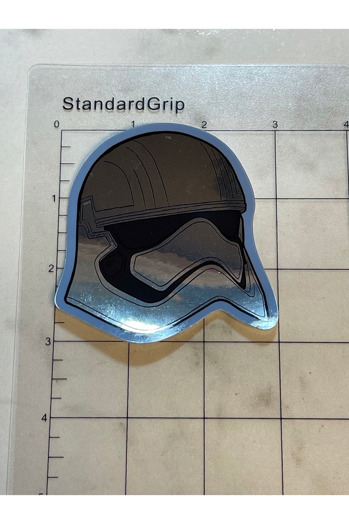 Chrome Die Cut Sticker Captain Phasma solid silver stormtrooper helmetwith blue edges