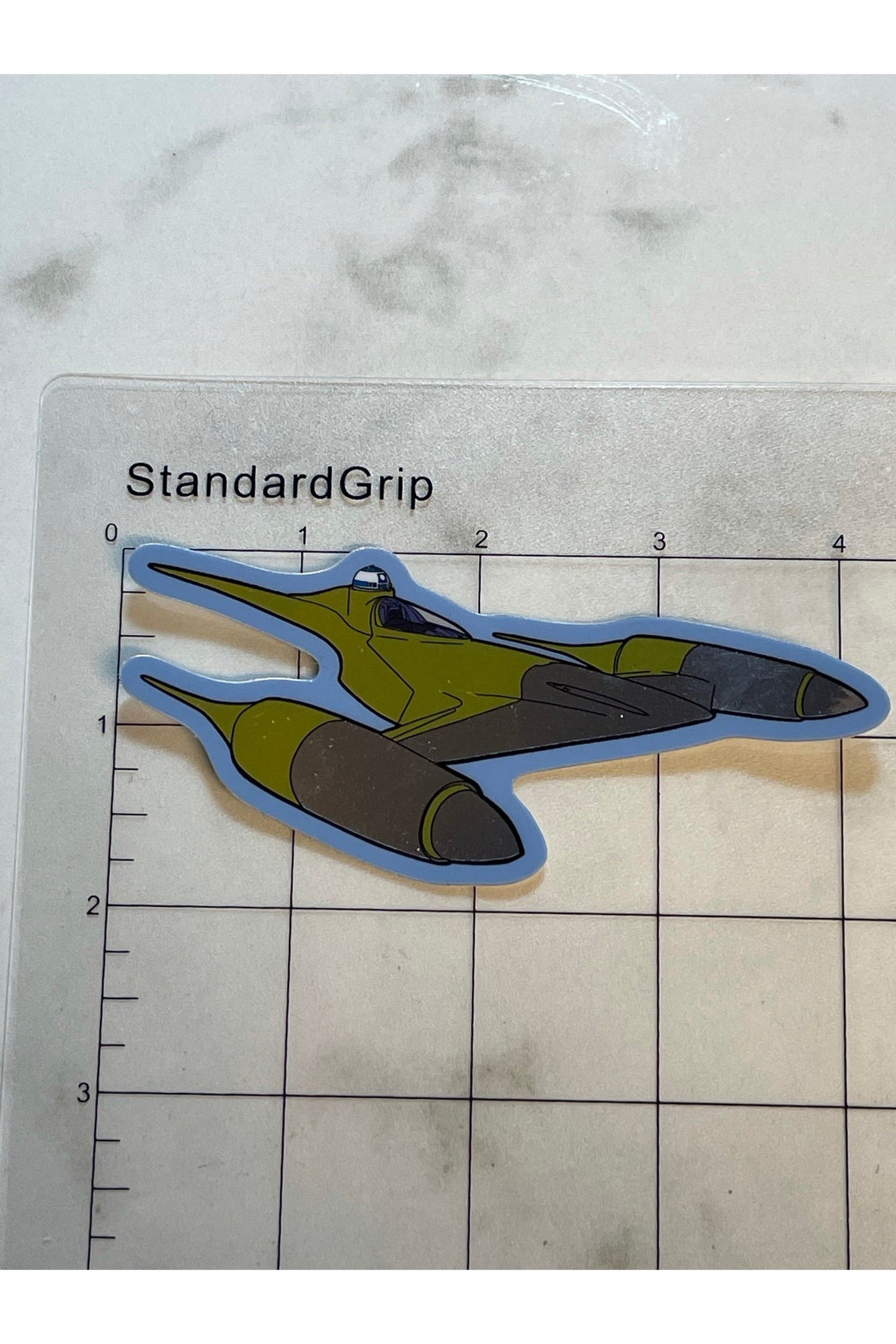 Chrome Naboo Starfighter Die Cut Sticker silver and yellow ship with blue edges