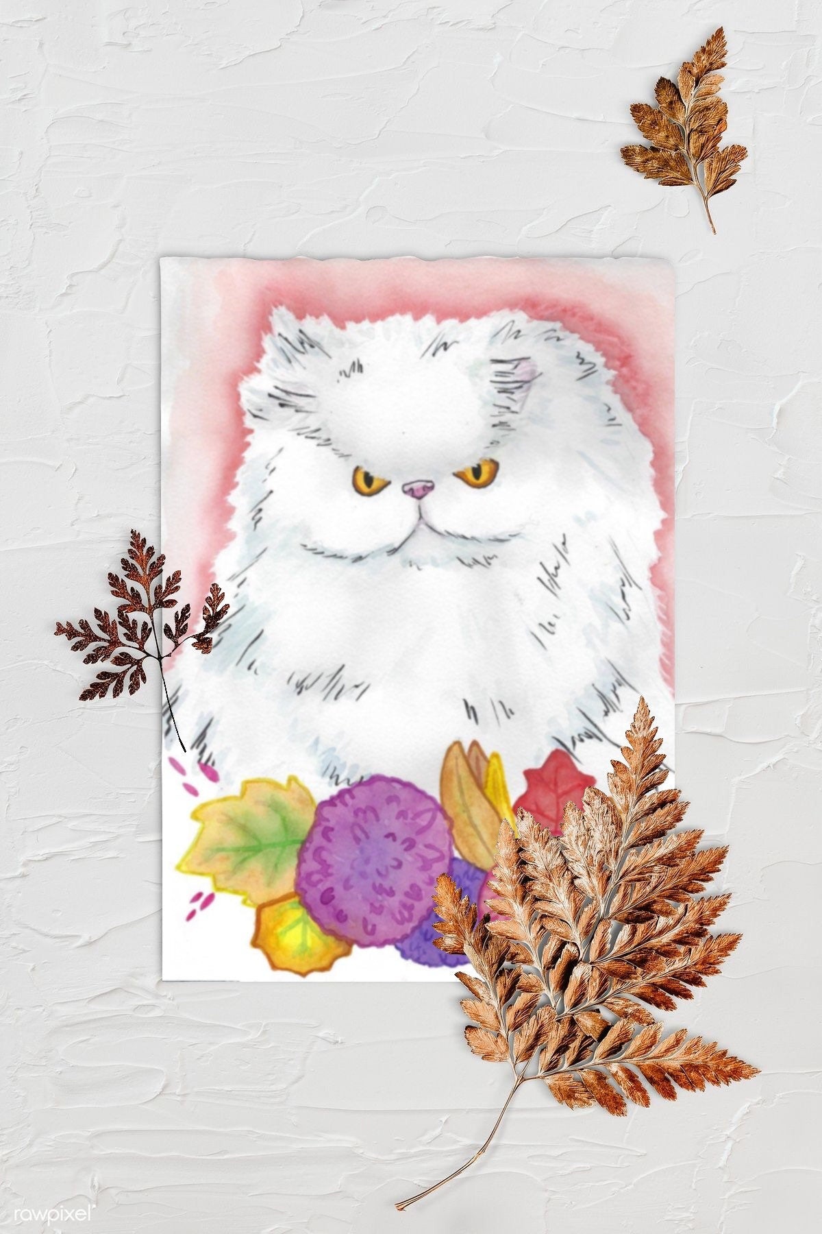 Persian Cat Floral Funny Angry Pet Portrait - Watercolor Print. Background is textured white with three browned fern leaves. Art print is lying in center with rough edges.