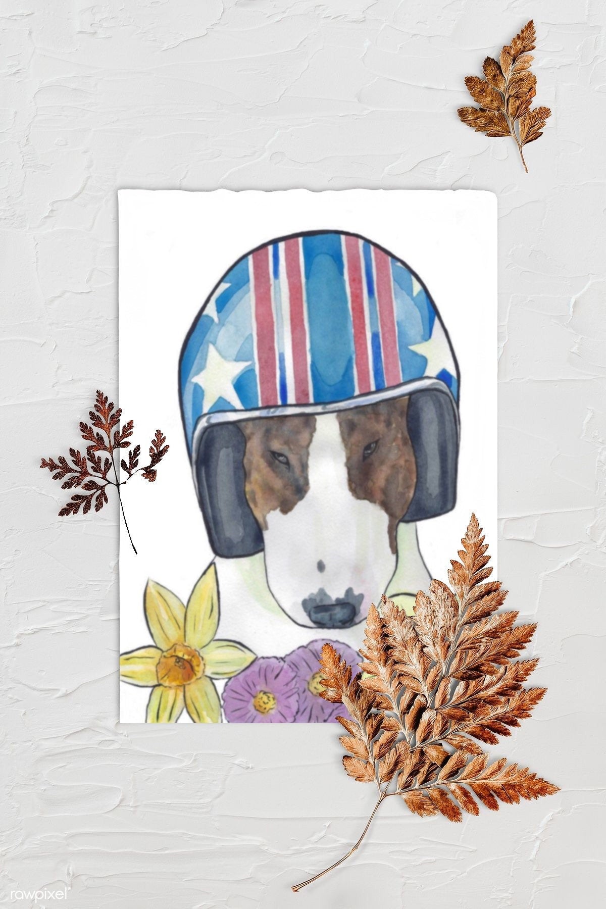 Bull Terrier Biker Helmet Daredevil Floral Pet Portrait | Watercolor Print. Background is textured white with three browned fern leaves. Art print is lying in center with rough edges.