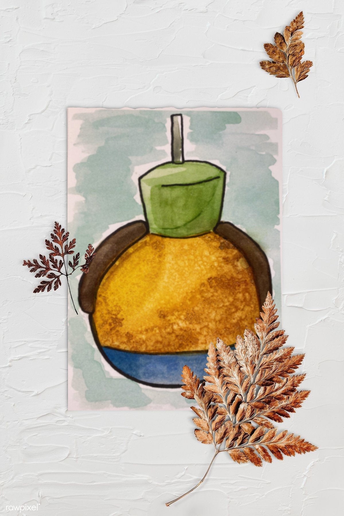 Original Gang Goofy Dessert Food Illustration - The Happiest Caramel Apples on Earth. Background is textured white with three browned fern leaves. Art print is lying in center with rough edges.
