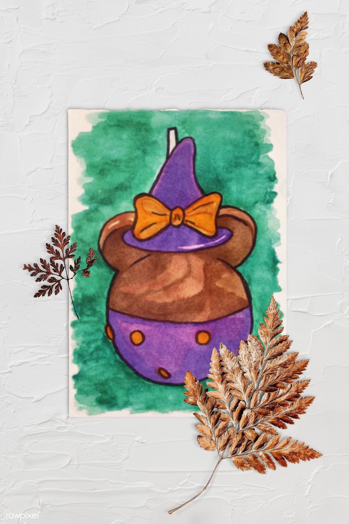 Purple and orange Witch Minnie Mouse Halloween Costume Dessert Food Illustration - The Happiest Caramel Apples on Earth. Background is textured white with three browned fern leaves. Art print is lying in center with rough edges.