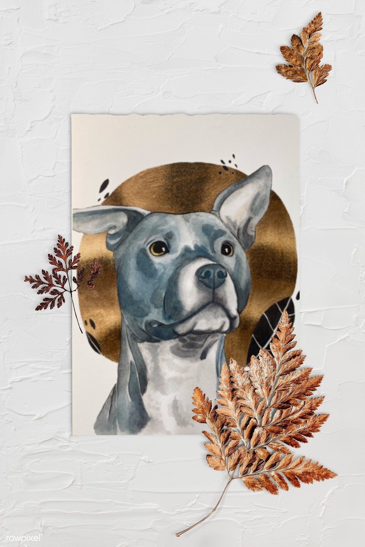 Gray Pitbull Golden Pet Portrait - Watercolor Print. Background is textured white with three browned fern leaves. Art print is lying in center with rough edges.