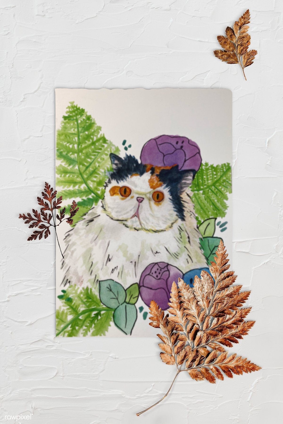 Calico Persian Cat Floral Pet Portrait | Watercolor Print. Background is textured white with three browned fern leaves. Art print is lying in center with rough edges.
