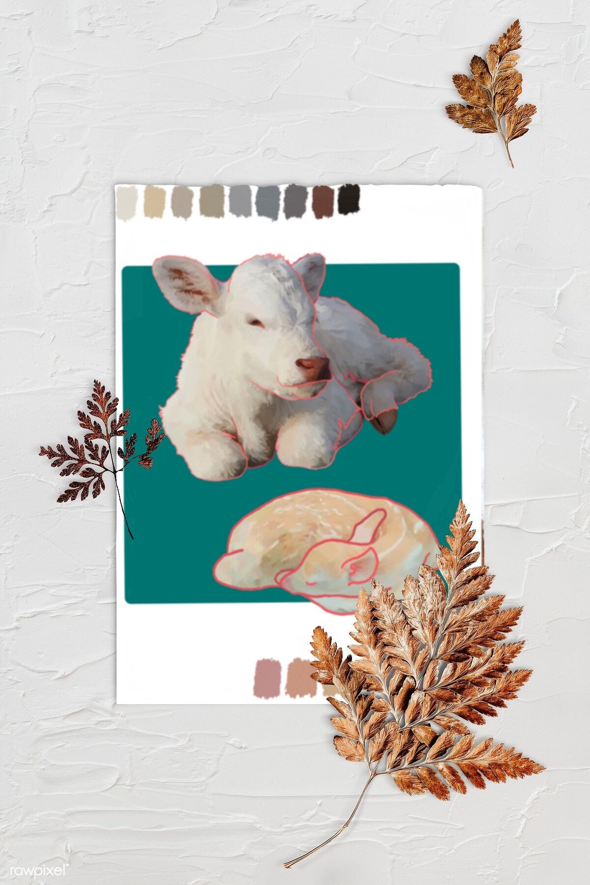 Digital Sketchbook 5x7 Print Animals with Albinism Calf and Fawn. Background is textured white with three browned fern leaves. Art print is lying in center with rough edges.
