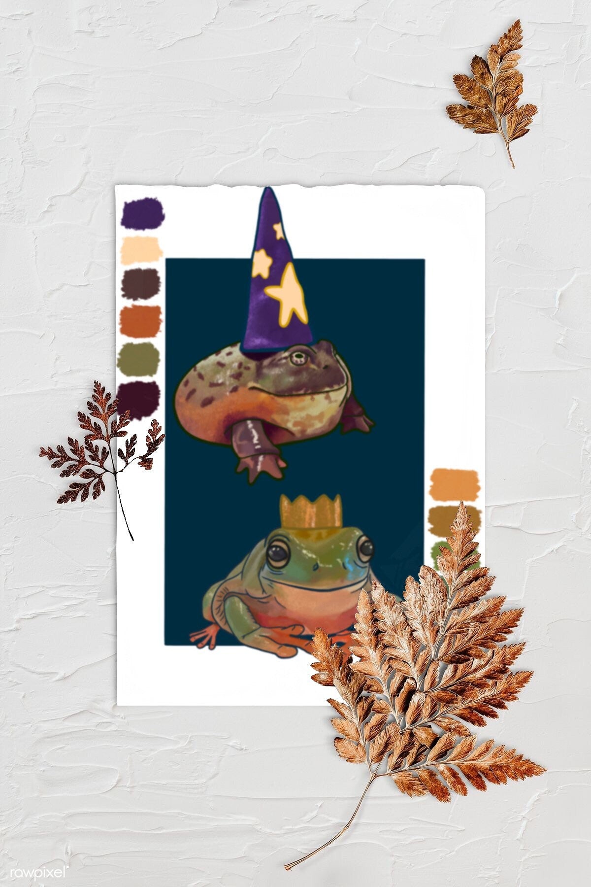 Digital Sketchbook 5x7 Print Amphibian Illustration Crowned Frog Wizard Toad Art. Background is textured white with three browned fern leaves. Art print is lying in center with rough edges.