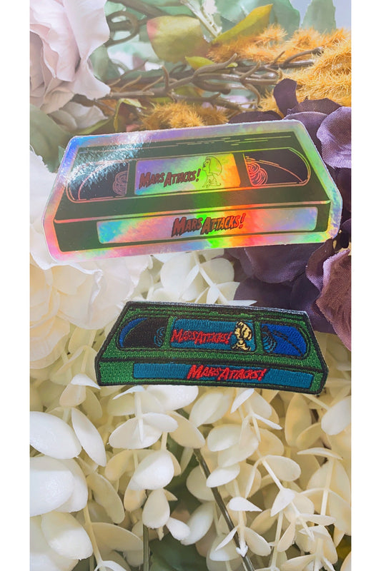 Combo Deal LIMITED RUN Mars Attacks VHS Tape Holographic Sticker + Iron-On Patch *Discounted*.