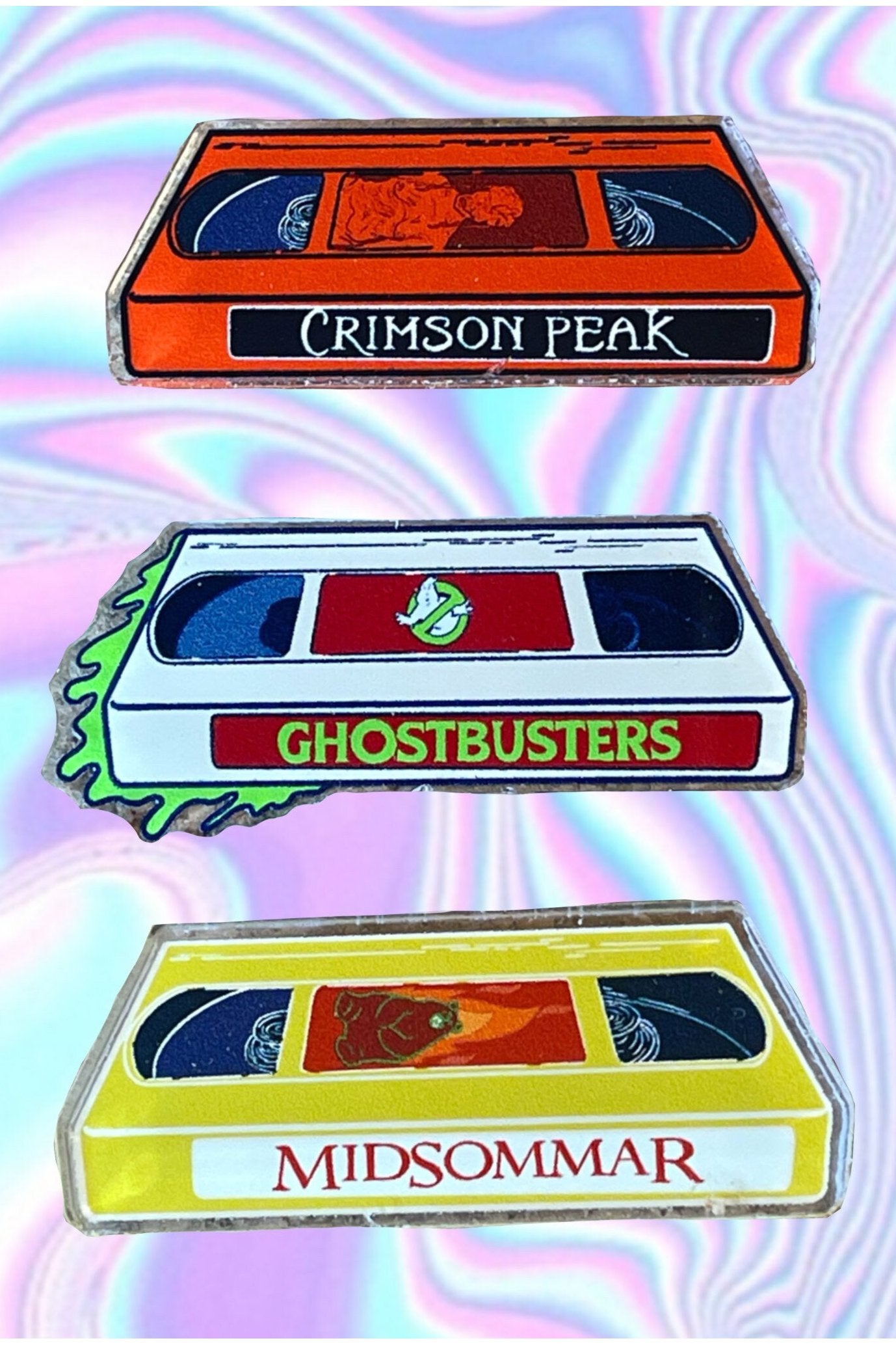 Midsommar, Ready or Not, + Crimson Peak VHS Acrylic Pin Pack (Set of 3).