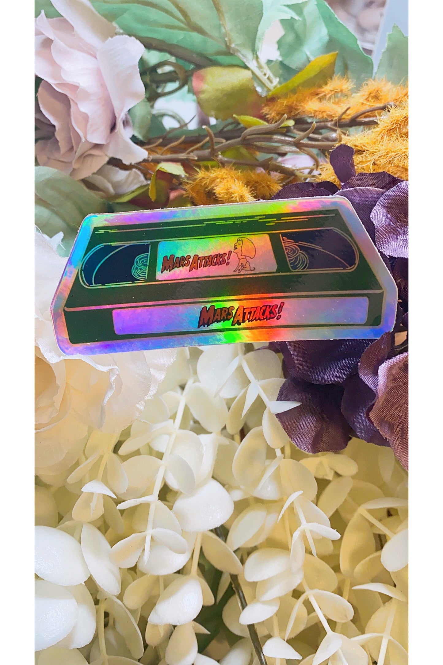 Combo Deal LIMITED RUN Mars Attacks VHS Tape Holographic Sticker + Iron-On Patch *Discounted*.