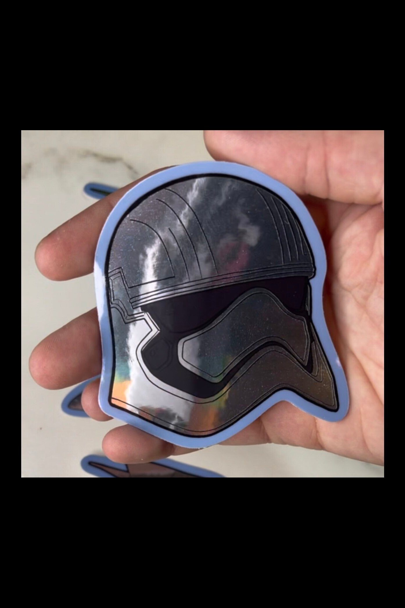 Chrome Die Cut Sticker Captain Phasma solid silver stormtrooper helmetwith blue edges