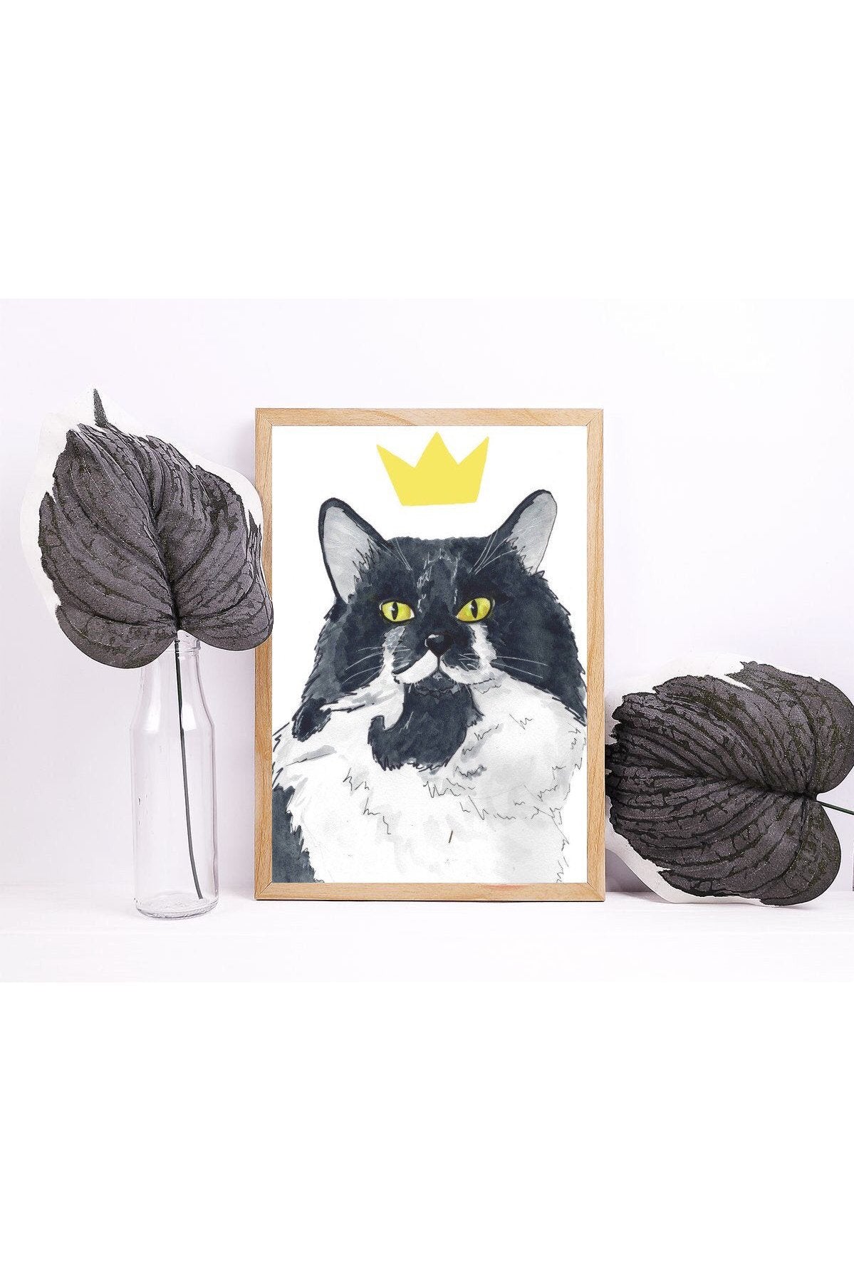 Tuxedo Cat with Yellow Crown Pet Portrait Watercolor Art Print.