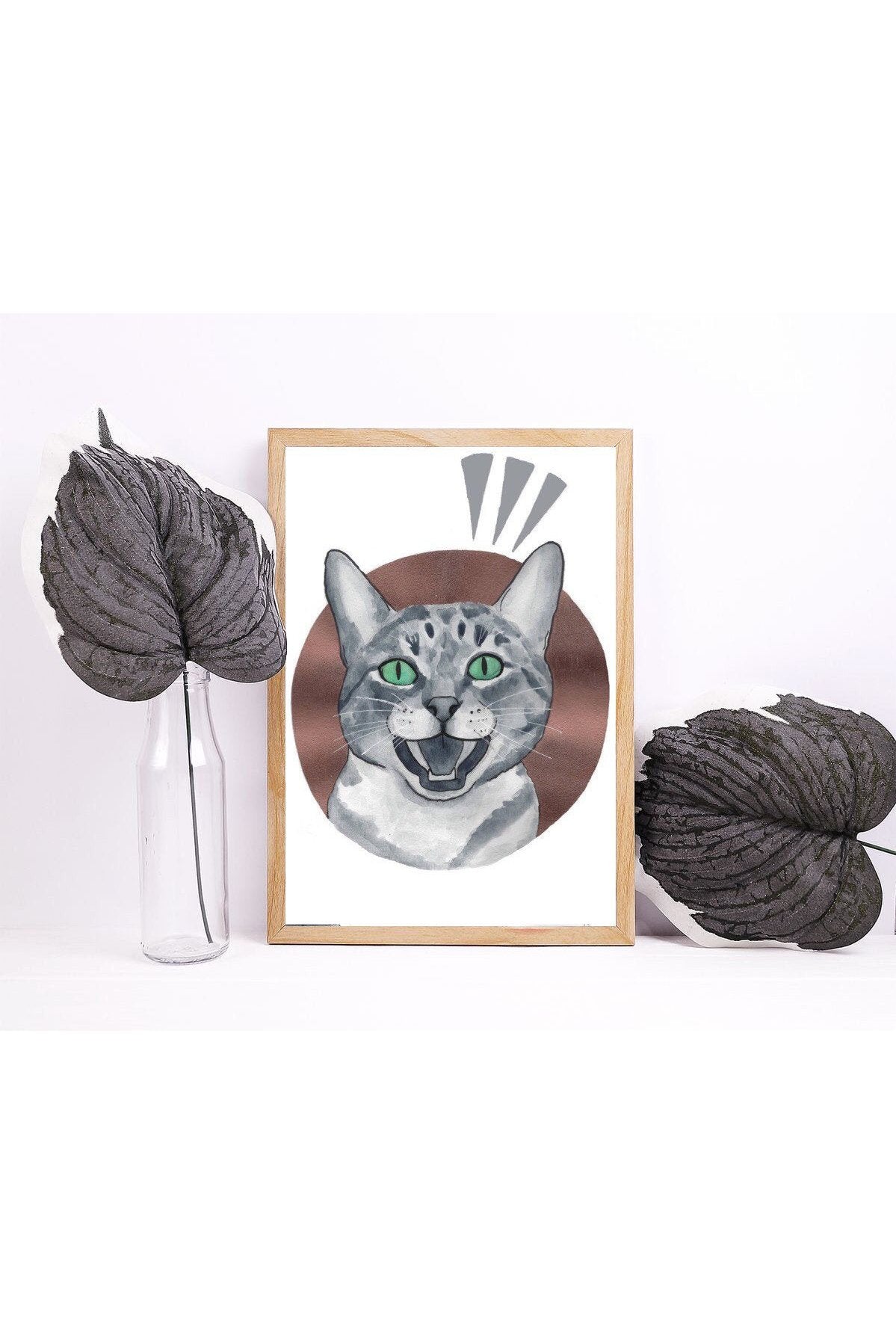 Tabby Cat Excited Meow Yelling Bronze Circle Watercolor Art Print.