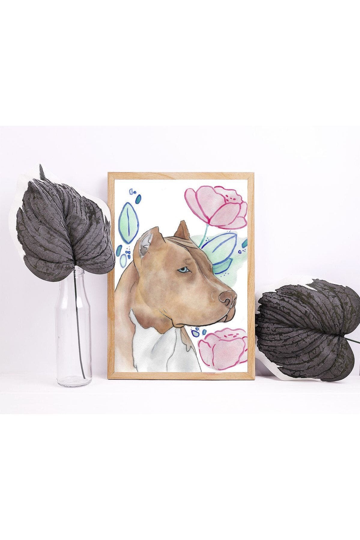 American Brown Bully Pit Bull Pink Floral Pet Portrait | Watercolor Print.