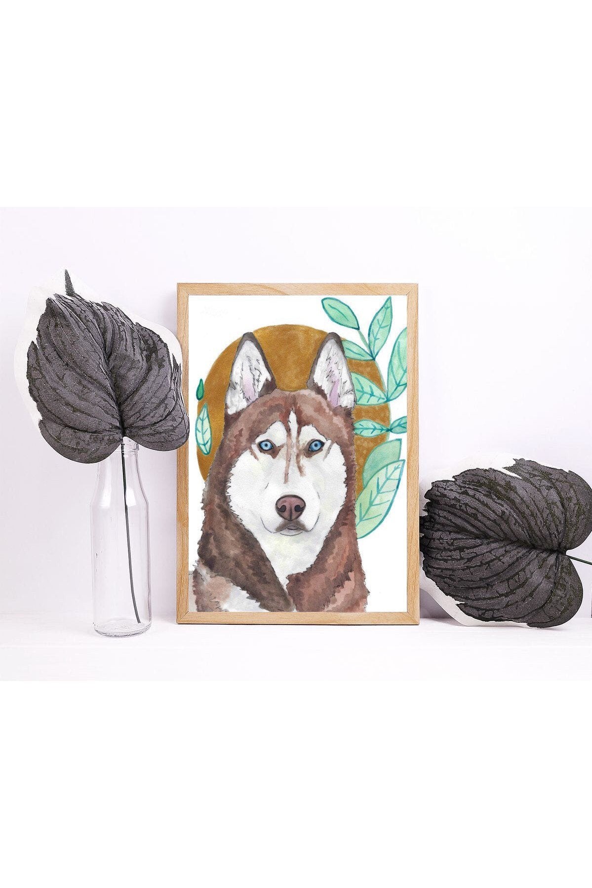 Red Husky Golden Halo Green Leaves Pet Portrait | Watercolor Print, Pet Art Commission, Pet Portrait From Photo, Husky Art, Pet Art Gift.