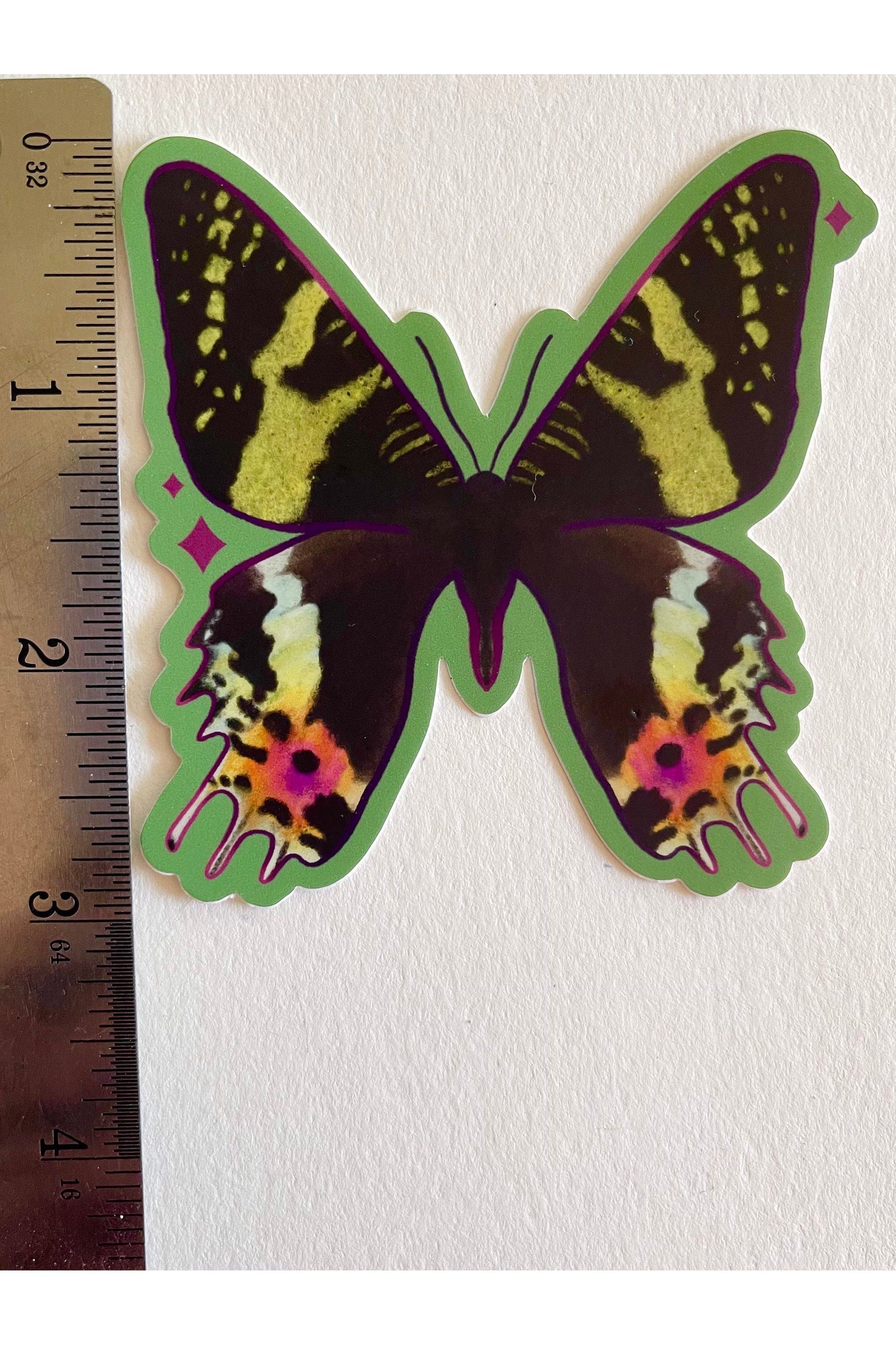 Vinyl Sticker of a Sunset Moth with a light green background