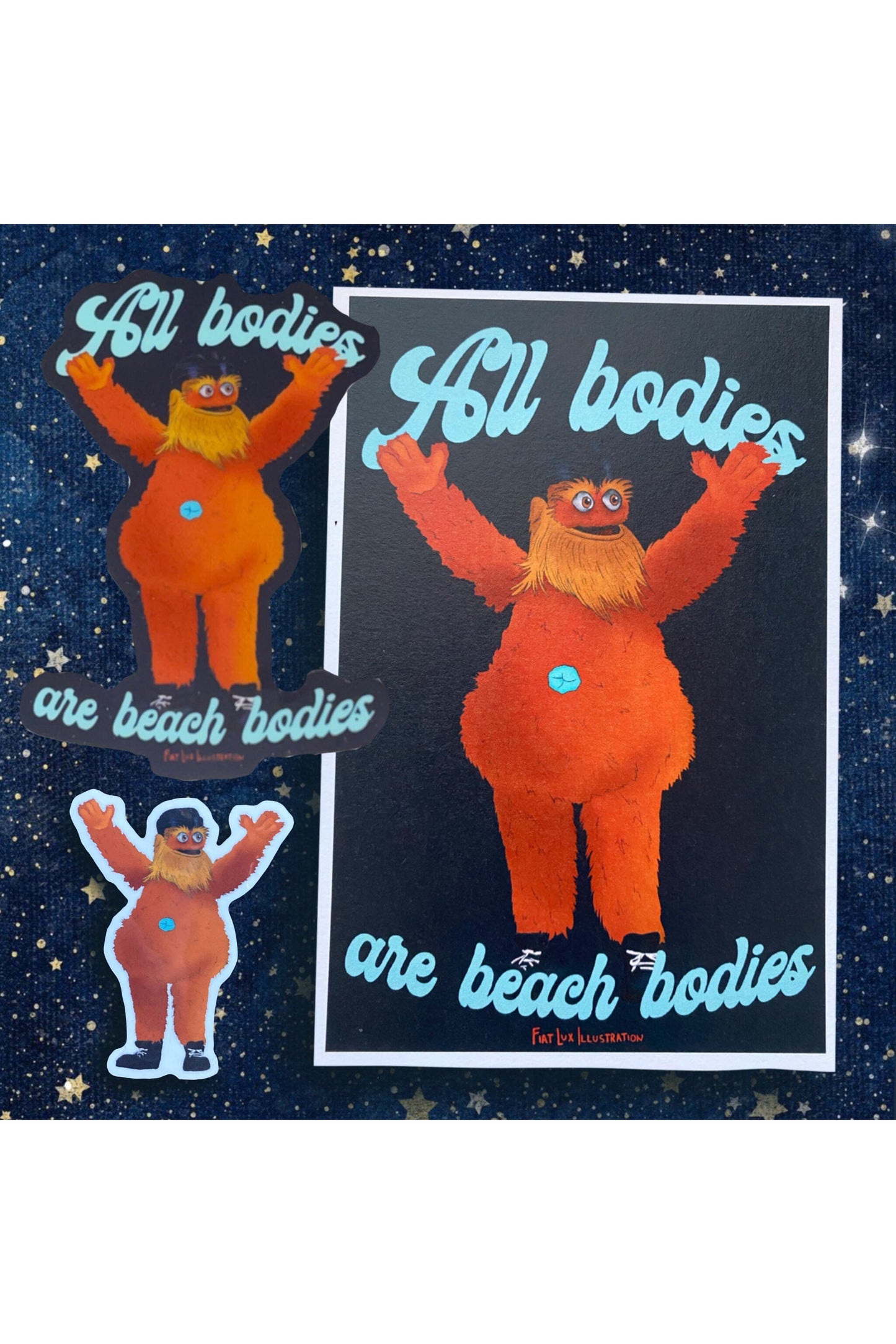 Vinyl stickers of hockey team the flyers mascot gritty. gritty is a large orange furry mascot with googly eyes and an outie belly button. gritty is streaking with only shoes on. one sticker has the phase all bodies are beach bodies in blue cursive.