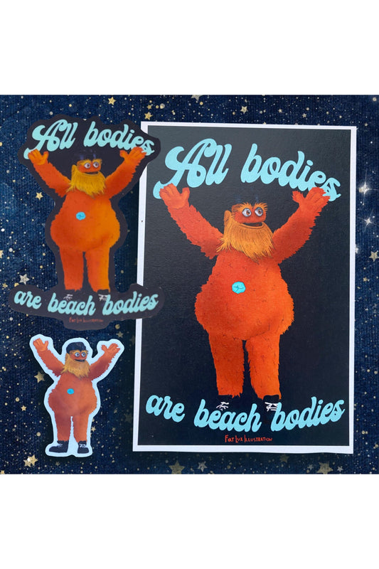 Vinyl stickers of hockey team the flyers mascot gritty.  gritty is a large orange furry mascot with googly eyes and an outie belly button. gritty is streaking with only shoes on. one sticker has the phase all bodies are beach bodies in blue cursive.