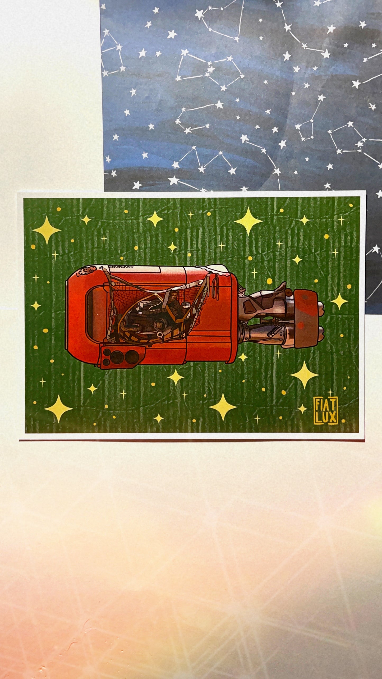 Art Print of Rey’s Jakku rust color Speeder with a solid green background with gold stars and a paper texture overlay