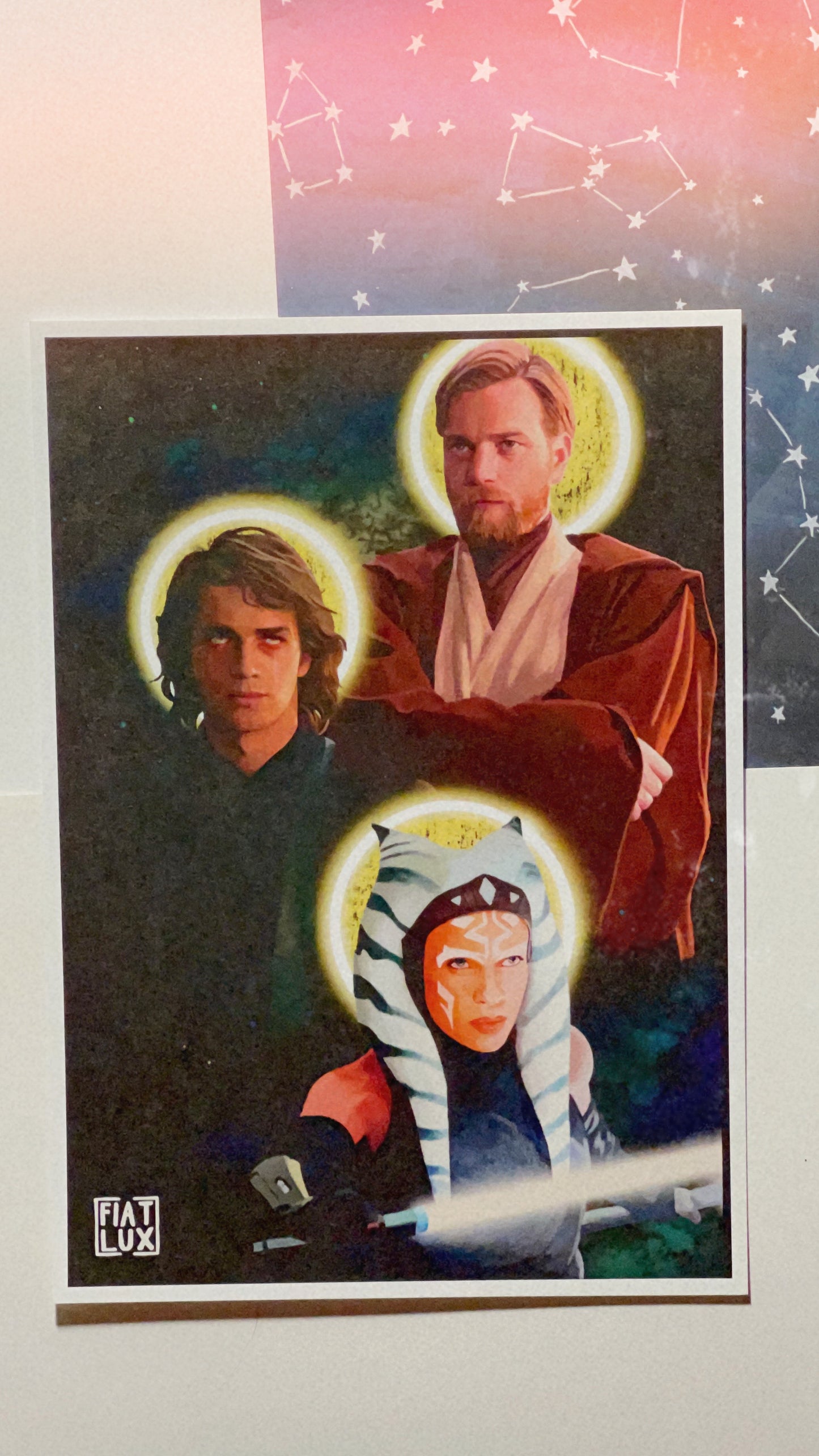 Art print of three portraits - Obi wan kenobi, Anakin Skywalker, and ahsoka Tano