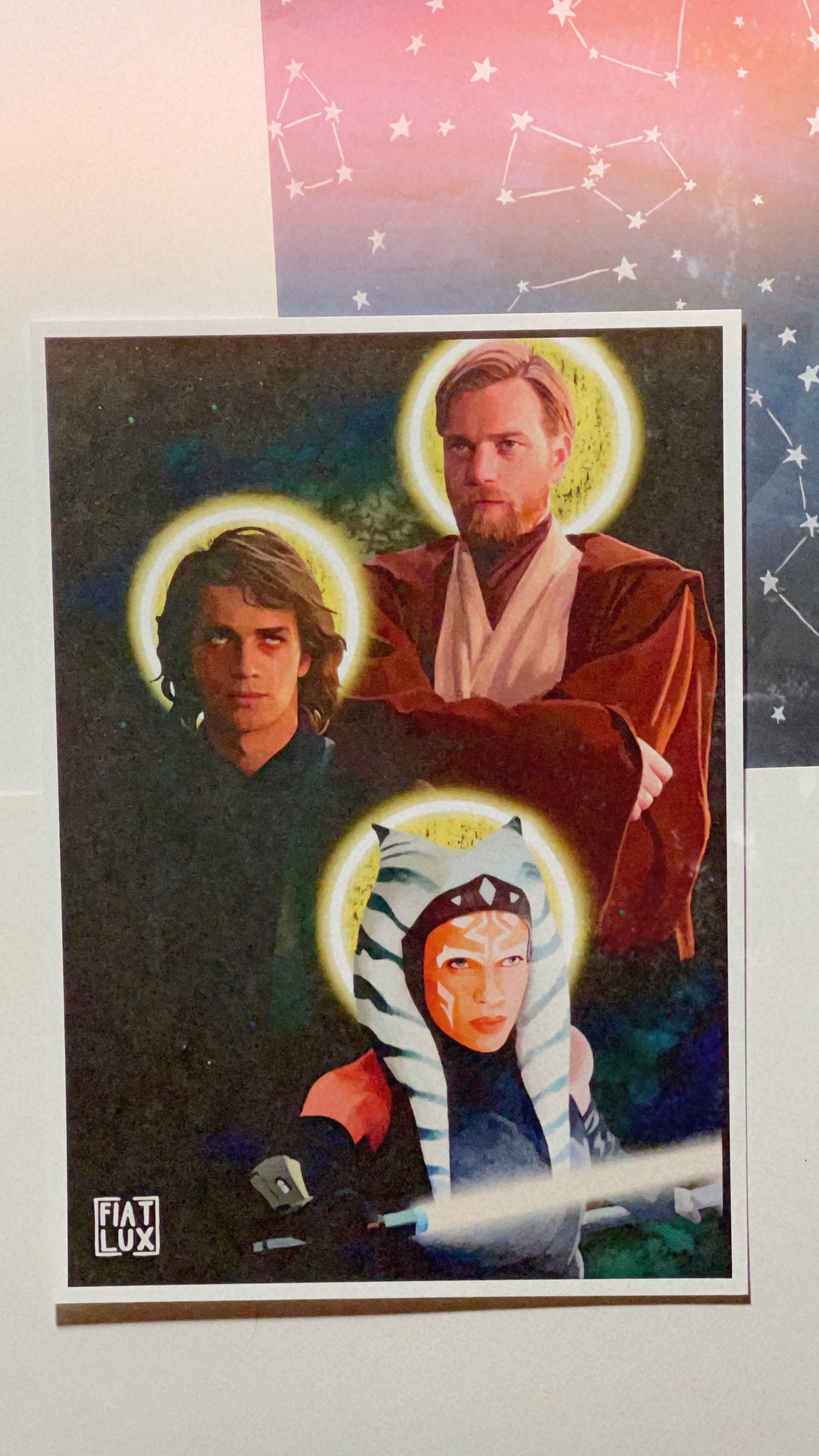 Art print of three portraits - Obi wan kenobi, Anakin Skywalker, and ahsoka Tano